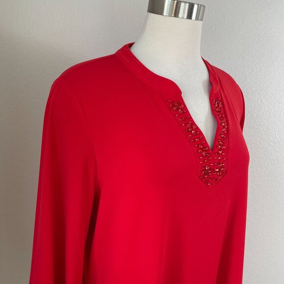Susan Graver Artisan Womens Large Red Beaded V Neck Tunic Top Stretch Shirt - Picture 2 of 11